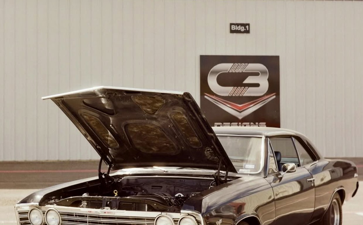 A blacked-out 1967 Chevelle built by C3 Designs parked outside the shop in Sanger, Texas